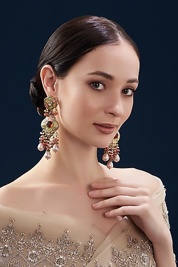 Gold Finish Kundan Polki & Baroque Pearl Meenakari Chandelier Earrings