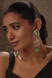 Gold Finish Agate Green Stones & Pearl Meenakari Dangler Earrings