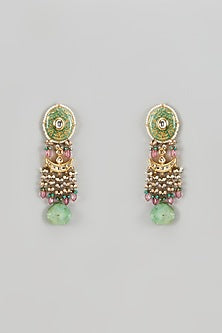 Gold Finish Agate Green Stones & Pearl Meenakari Dangler Earrings