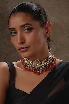 Gold Finish Natural Orange Stone & Agate Meenakari Choker Necklace