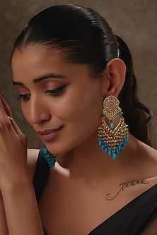 Gold Finish Kundan Polki & Pearl Meenakari Dangler Earrings