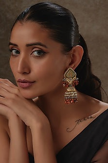 Gold Finish Agate & Pearl Meenakari Dangler Earrings
