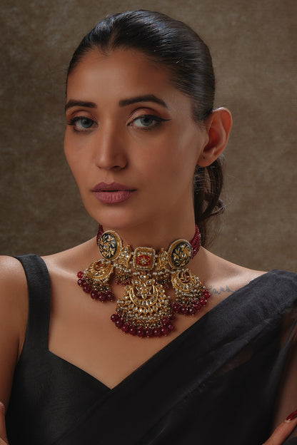 Gold Finish Ruby Synthetic Stone & Meenakari Choker Necklace
