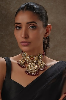 Gold Finish Ruby Synthetic Stone & Meenakari Choker Necklace