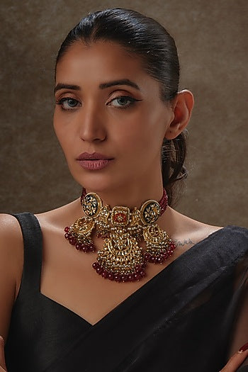 Gold Finish Ruby Synthetic Stone & Meenakari Choker Necklace