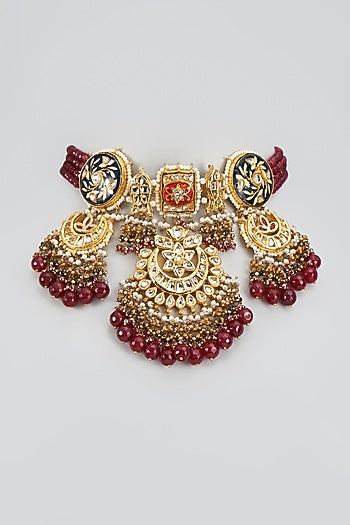 Gold Finish Ruby Synthetic Stone & Meenakari Choker Necklace