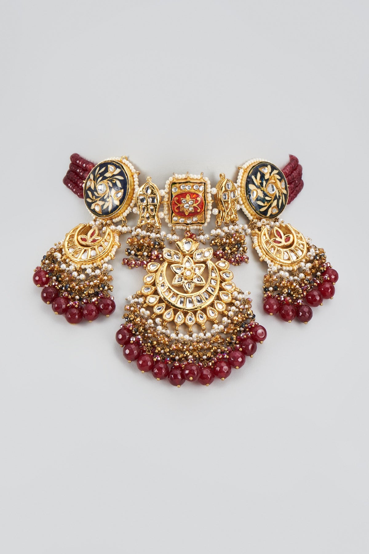 Gold Finish Ruby Synthetic Stone & Meenakari Choker Necklace