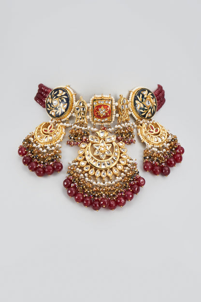 Gold Finish Ruby Synthetic Stone & Meenakari Choker Necklace