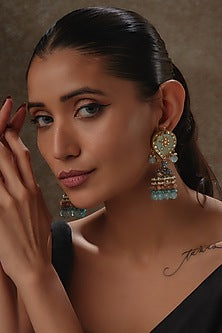 Gold Finish Kundan Polki & Pearl Meenakari Dangler Earrings