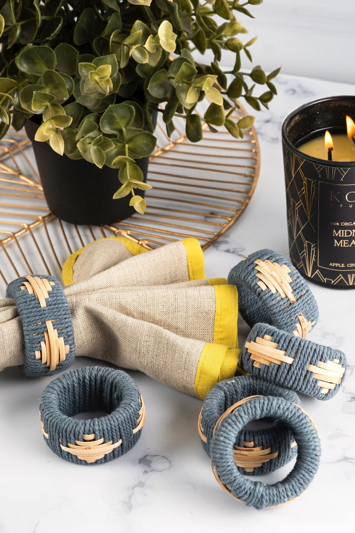 Blue Wool Handwoven Napkin Ring Set