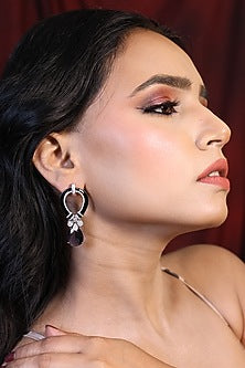 Silver Finish Blue Stone Black Enameled Handcrafted Drop Earrings