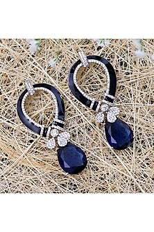 Silver Finish Blue Stone Black Enameled Handcrafted Drop Earrings