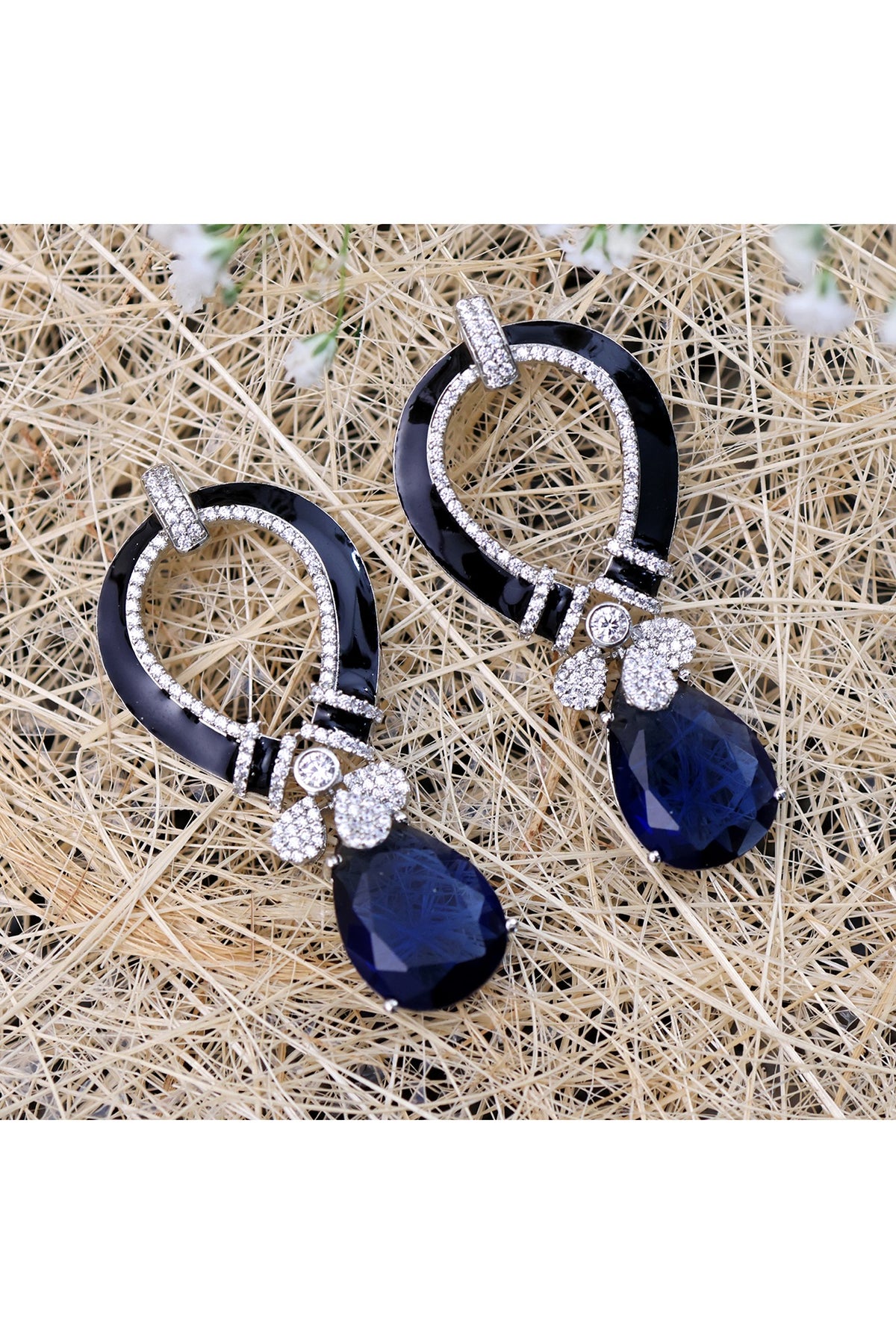 Silver Finish Blue Stone Black Enameled Handcrafted Drop Earrings