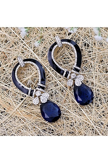 Silver Finish Blue Stone Black Enameled Handcrafted Drop Earrings