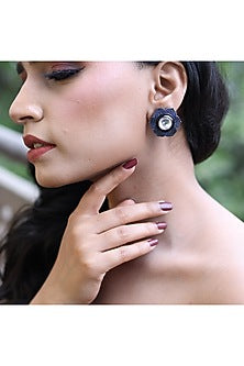 Silver Finish Blue Kundan Polki Handcrafted Stud Earrings