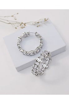 Silver Finish Baguette Zircon Handcrafted Hoop Earrings