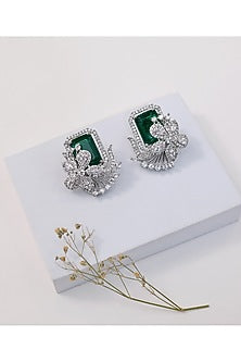 Silver Finish Zircon & Green Stone Handcrafted Stud Earrings