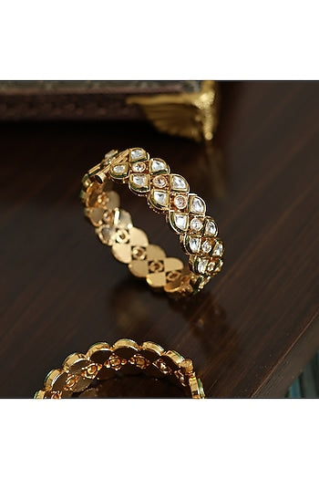 Gold Finish Kundan Polki Handcrafted Openable Bangle