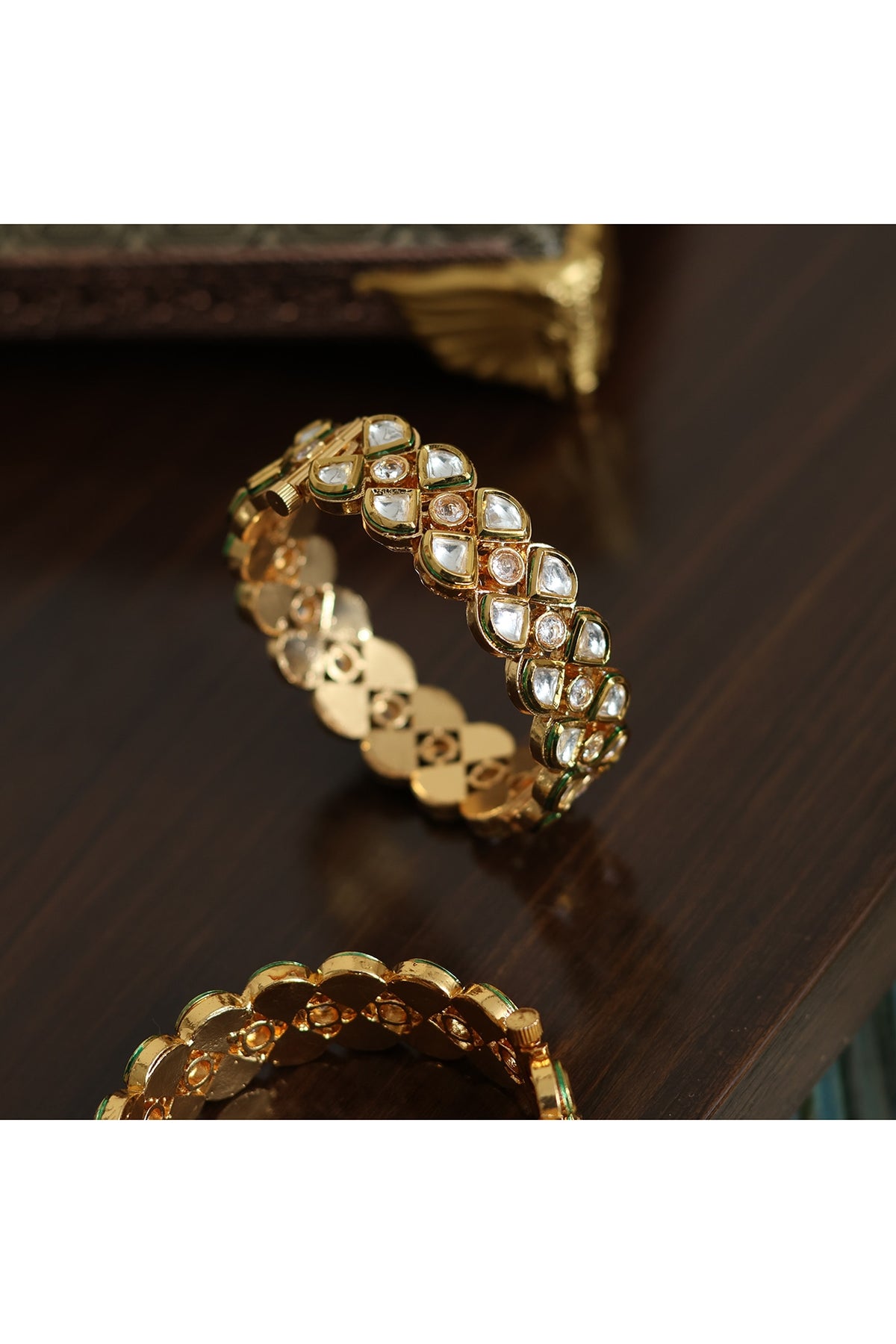 Gold Finish Kundan Polki Handcrafted Openable Bangle