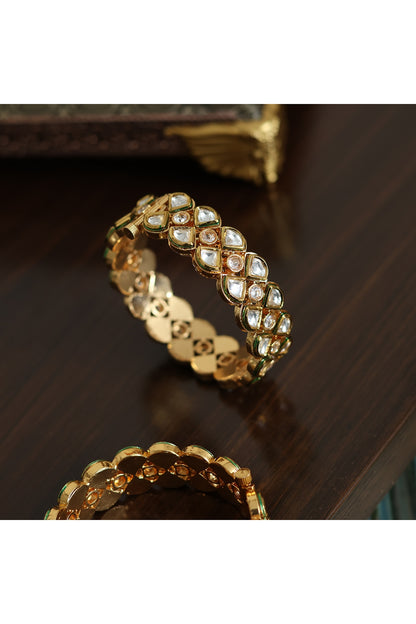 Gold Finish Kundan Polki Handcrafted Openable Bangle