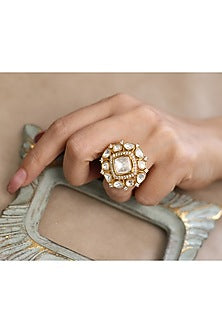Gold Finish Kundan Polki Handcrafted Adjustable Ring