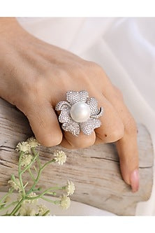Silver Finish Pearl & Zirconia Handcrafted Adjustable Ring