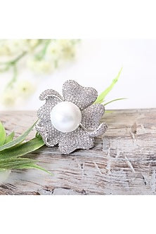 Silver Finish Pearl & Zirconia Handcrafted Adjustable Ring