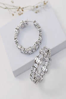 Gold Finish Baguette-Shaped Zircon Hoop Earrings