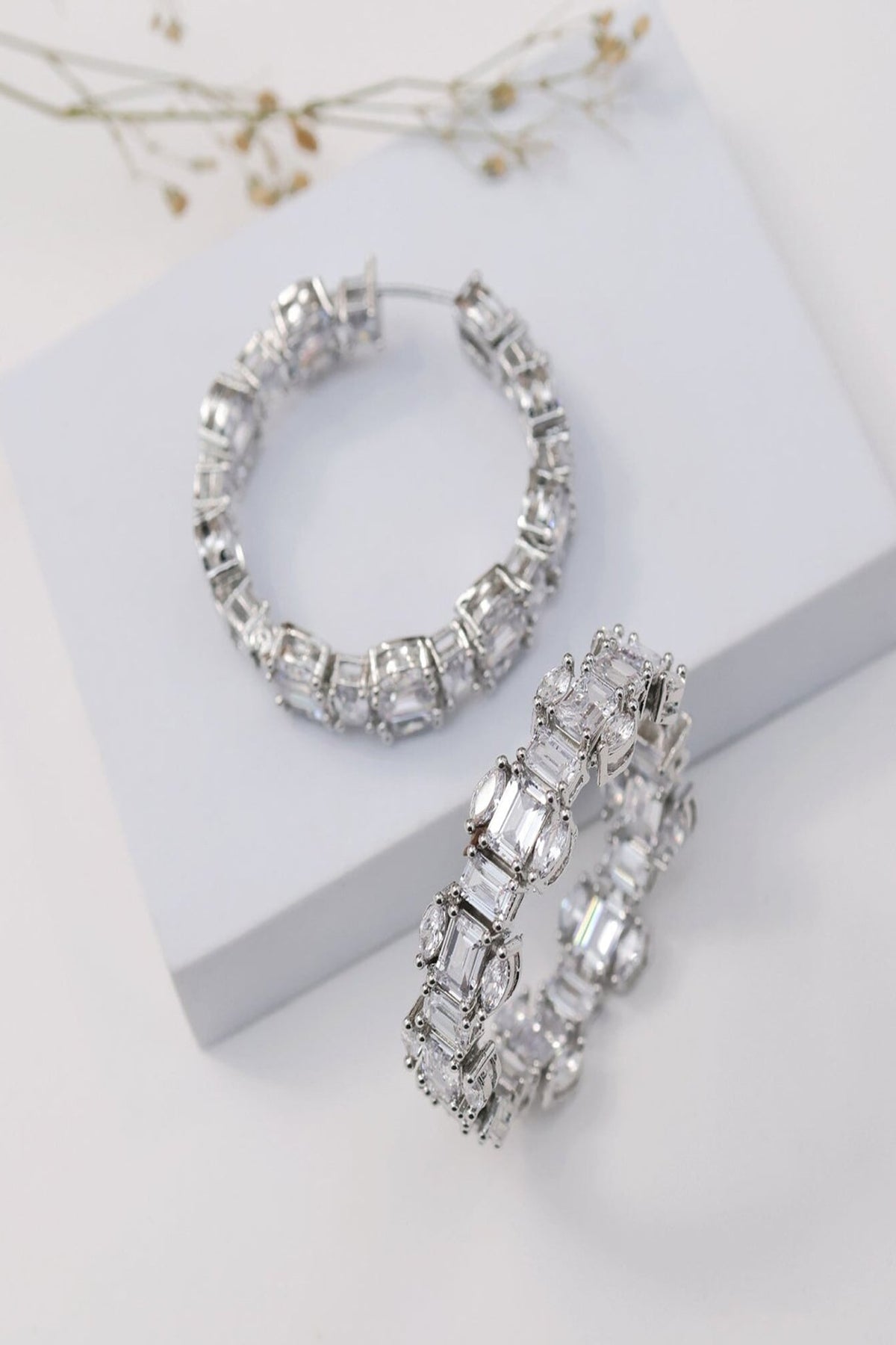Gold Finish Baguette-Shaped Zircon Hoop Earrings