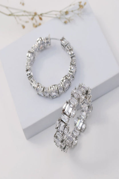 Gold Finish Baguette-Shaped Zircon Hoop Earrings