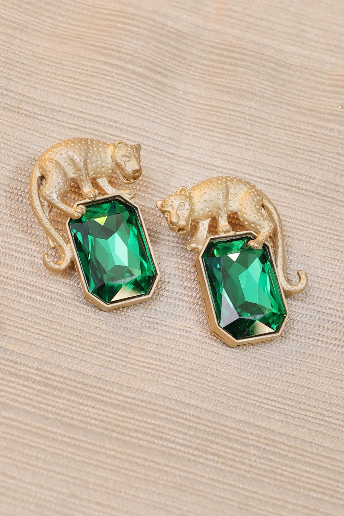 Gold Finish Green Emerald Stone Enameled Hoop Earrings