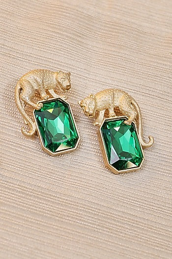 Gold Finish Green Emerald Stone Enameled Hoop Earrings