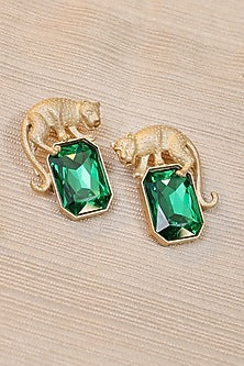 Gold Finish Green Emerald Stone Enameled Hoop Earrings