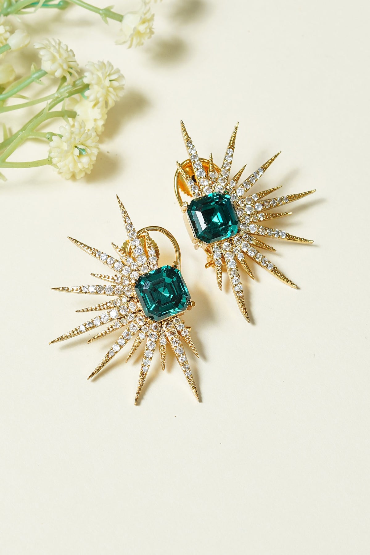 Gold Finish Teal Green Swarovski Zircon Enameled Hoop Earrings
