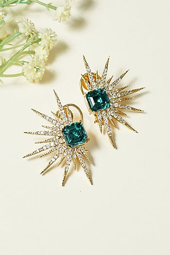 Gold Finish Teal Green Swarovski Zircon Enameled Hoop Earrings