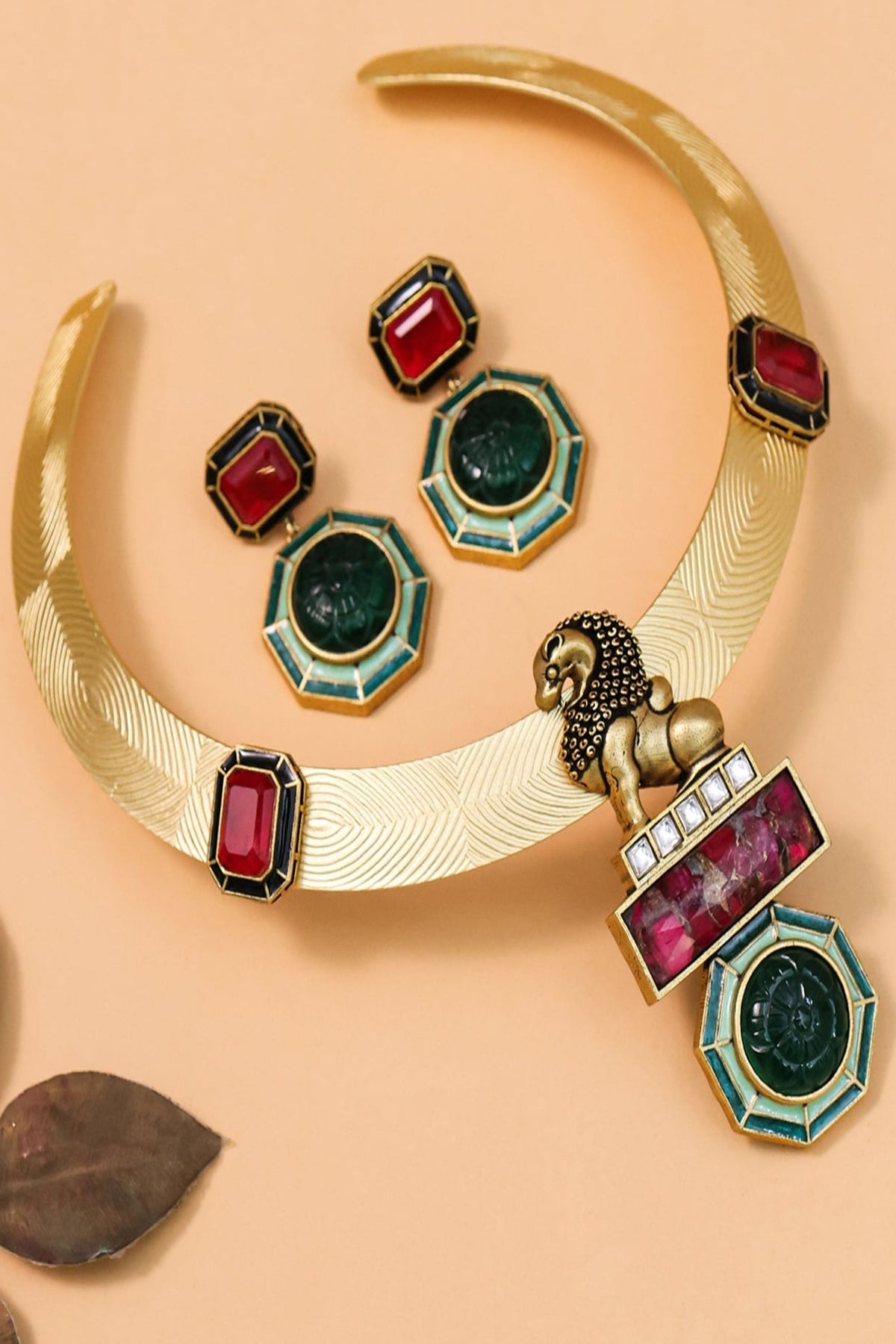 Gold Finish Emerald Stone Enameled Choker Necklace Set