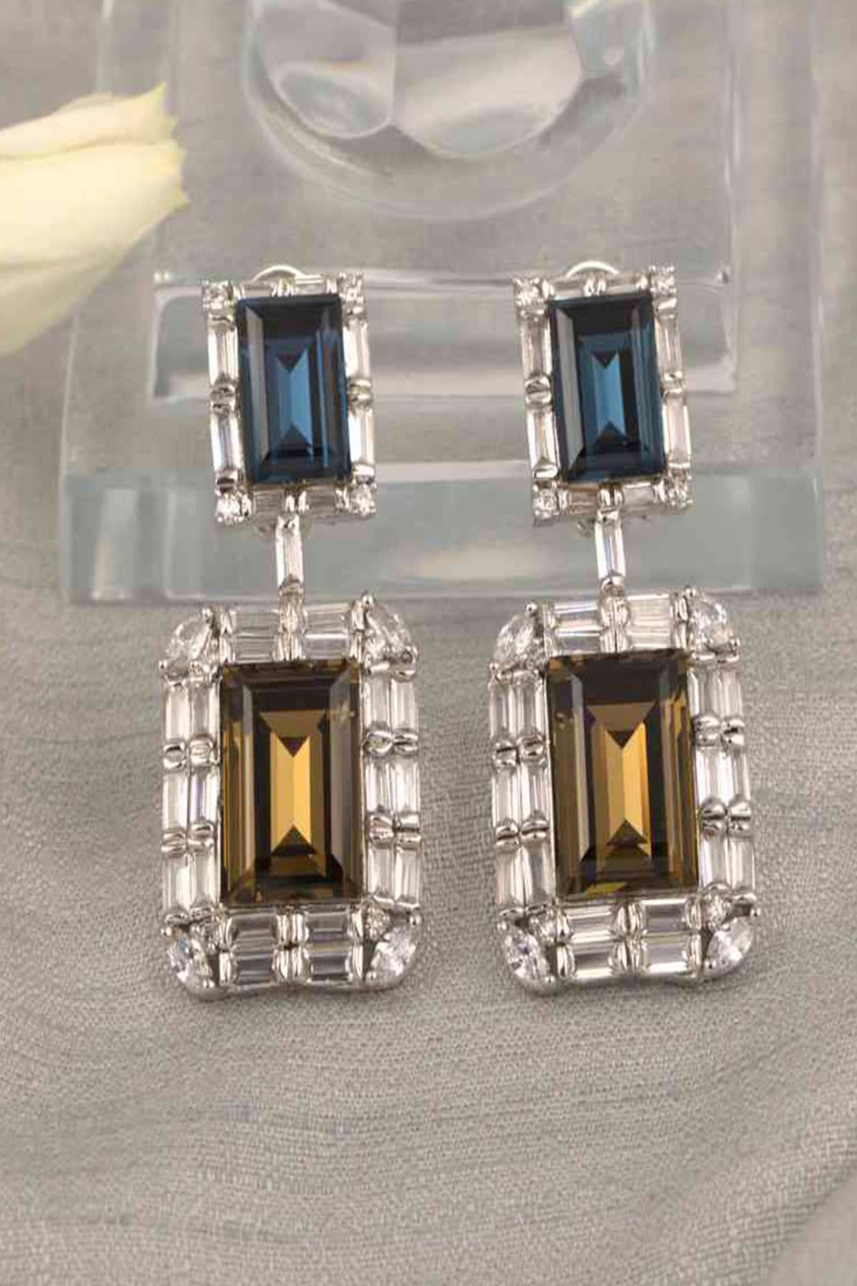 White Finish Champagne Stone & Zircon Dangler Earrings