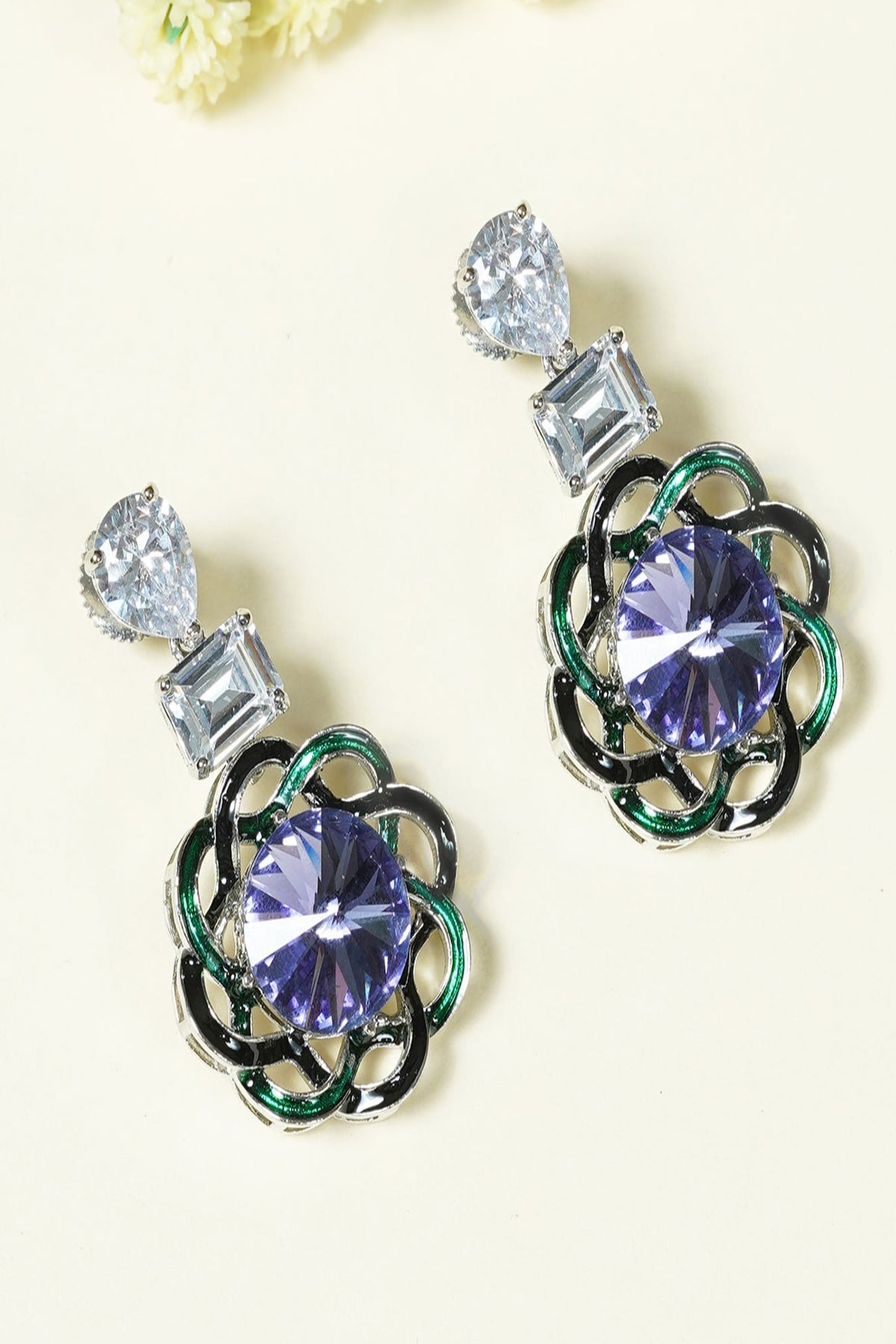 White Finish Zircon & Purple Enameled Dangler Earrings