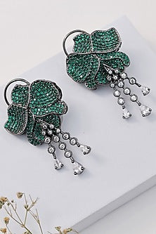 Silver Finish Green Stone Floral Stud Earrings