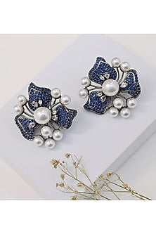 Silver Finish Blue Stone & Pearl Stud Earrings