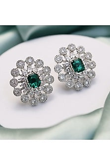 Silver Finish Green Stone Stud Earrings