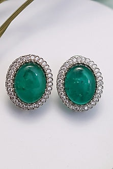 Silver Finish Emerald Stone Stud Earrings