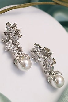 Silver Finish Zirconia & Pearl Drop Stud Earrings