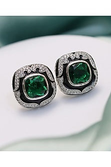Silver Finish Green Stone Black Enameled Stud Earrings