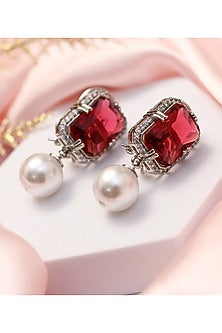 Silver Finish Pink Stone & Pearl Drop Earrings