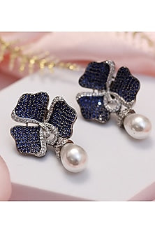 Silver Finish Blue Stone & Pearl Stud Earrings