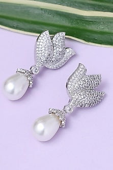 Silver Finish Pearl Drop Handcrafted Leaf Earrings
