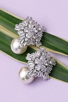 Silver Finish Pearl Stone Handcrafted Stud Earrings
