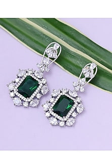 Silver Finish Emerald Stone & American Diamond Priitika Handcrafted Earrings