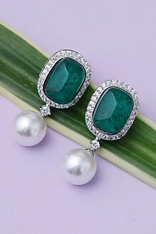 Silver Finish Green Stone & Pearl Drop Handcrafted Earrings
